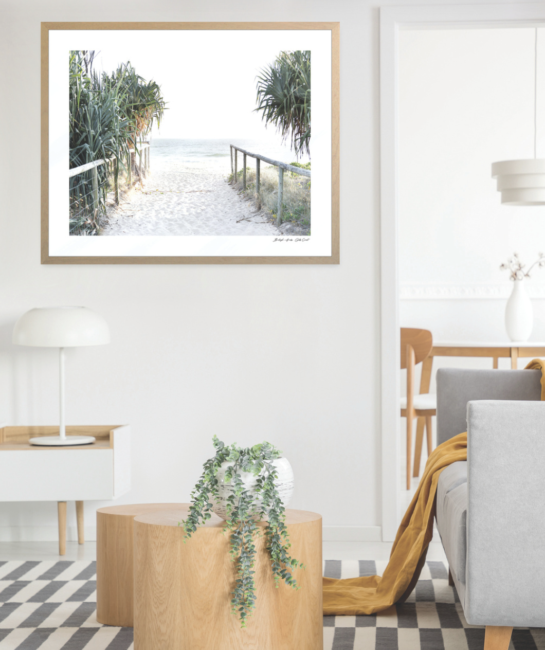 Framed beach art in modern living room